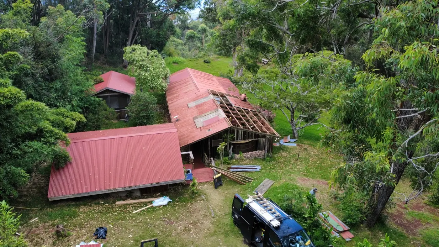 The property from above, mid-project, with the work van parked out front