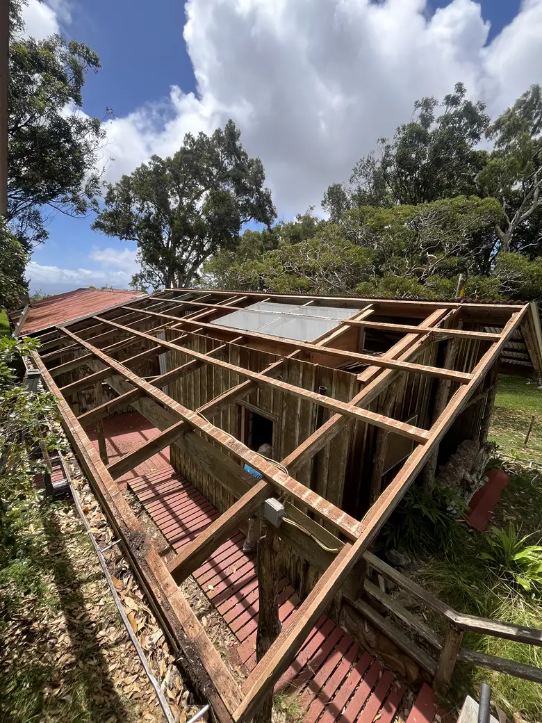 The whole structure open to the sky, bare rafters end to end