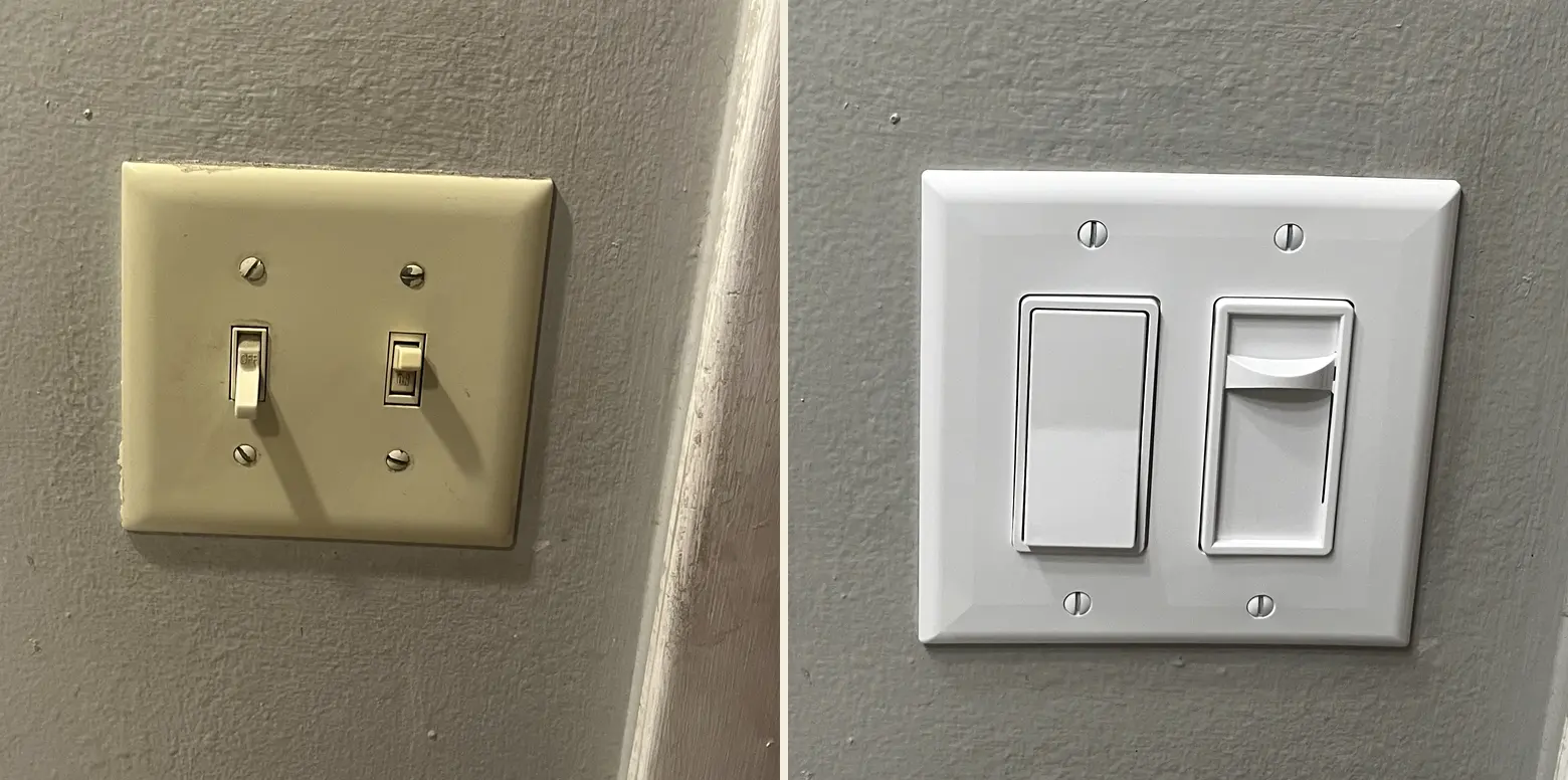 Before and after: dated almond switch plates replaced with clean white ones, set flush and level